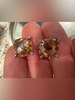 Bomb Party Cushion Cut Citrine Stud Earrings Diamond Accent Prongs Silver Tone
